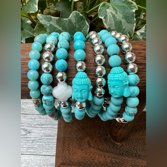 Turquoise Blue & Silver Buddha Bracelet Set -Stacked Bracelet Bead Bracelet Set - Picture 4 of 16